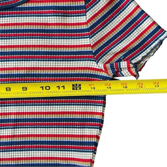 268-Good Luck Gem Small Striped t-shirt. Red Blue Tan White Crop Top - Picture 3 of 5